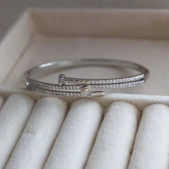 17cm 3 Layer Nail Style Design with CZ Bangle Bracelet - Picture 3 of 5